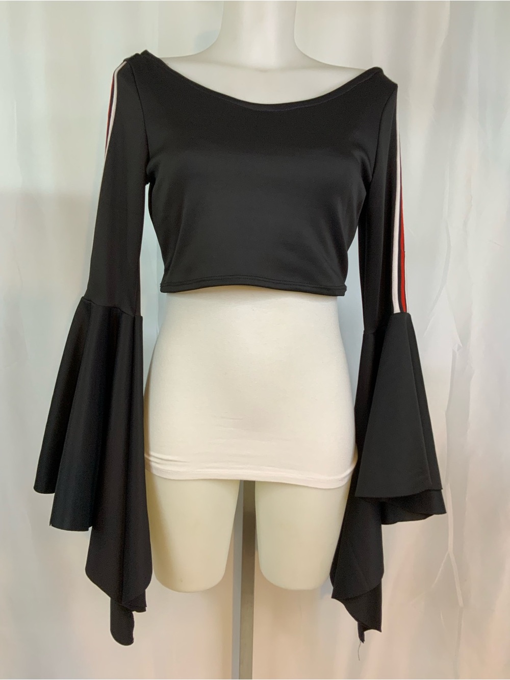 Black Bell-Sleeve Crop Top with Red-White Stripe